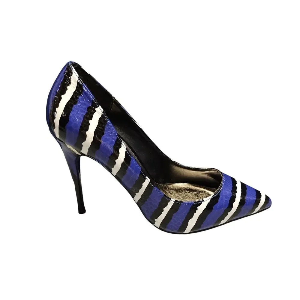 LFL Snakeskin Stiletto Pumps Heel Womens Sz 7 Purple Multi Pointed Toe Slip On - Picture 1 of 16
